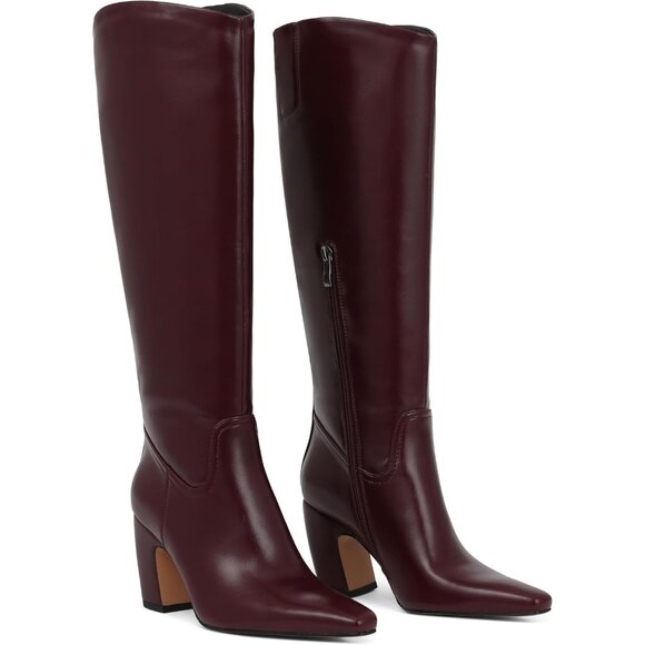 Women Knee High Burgundy Boots Square Toe Chunky Heel Wide Calf Tall Zipper Boot - Picture 1 of 7